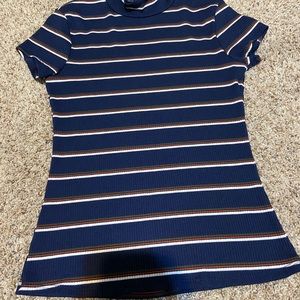 navy striped tight mock neck tee